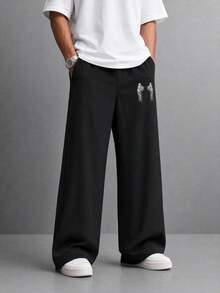 SU ER Men's Casual Drawstring Elastic Waist Loose Drapey Lazy Wide Leg Curved Hem Long Pants, Summer - Black - View 3