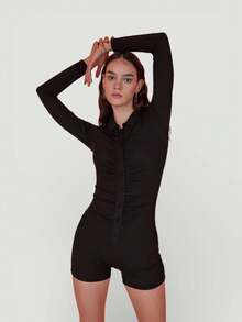 Women's Black Short Jumpsuit – Long-Sleeve Collared Romper With Ruched Front, Button-Down Detail - Black - View 2