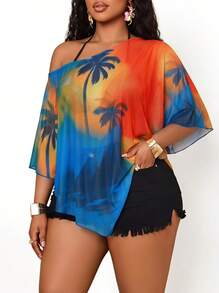 Blazique Plus Size Short Sleeve Tropical Palm Tree Print Mesh Asymmetrical Neckline Top, Semi-Sheer Fitted Batwing Sleeve Regular Length - Blue - View 1