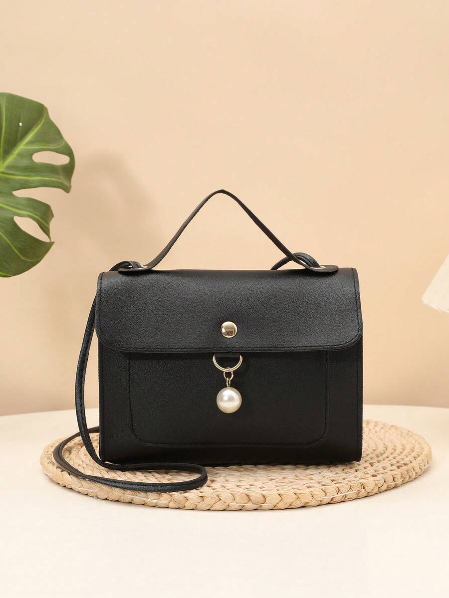 Solid Color Casual Pearl Pendant Small Square Handbag Crossbody Bag - Black - View 1