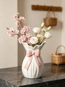 1pc Elegant White Vase With Pink Bow, Wavy Edge Design, Suitable For Fresh Flowers/Dried Flowers, Home Decor, Tabletop Centerpiece, Spring/Summer Aesthetic, Gift For Her, Wedding Table, Bohemian Fashion Style - Multicolor 1 - View 3