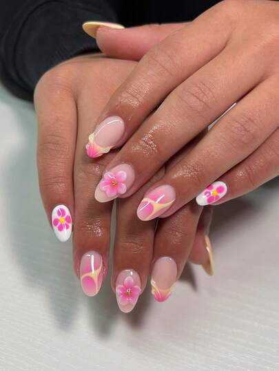 24PCS Short Almond False Nail Summer Nail Pink Yellow Gradient French 3D Flower Drop Nail Alloy Acrylic Pressure On Nail Gel Nail Nail Supplies Nail Set (Attached: 1pc Jelly Glue & 1pc Nail File) Suitable For Women's Daily Dating Party