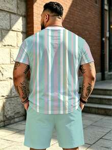 2pcs/Set Big & Tall Men's Mint Green Ombre Striped Outfit, Contrast Stripe Top + Matching Shorts, Fresh Summer Style Sports - Mint Green - View 2