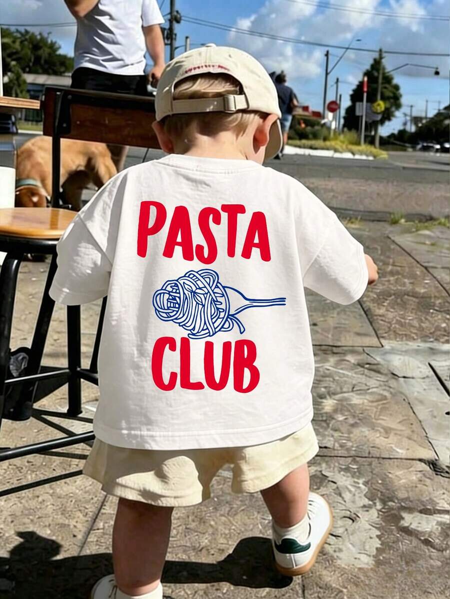 1件男嬰食物主題T恤，「Pasta Club」印花，短袖，柔軟舒適面料，街頭風T恤 - 白色 - 查看 1
