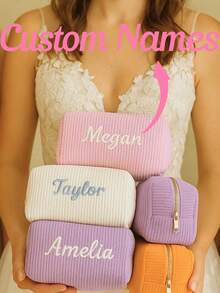 Personalized Embroidered Corduroy Toiletry Bag, Makeup Storage Pouch, Customized Name Storage Bag, Unique Gift For Girls, Bridesmaids, Baby Baptism, Birthday, Holiday - Multicolor - View 1