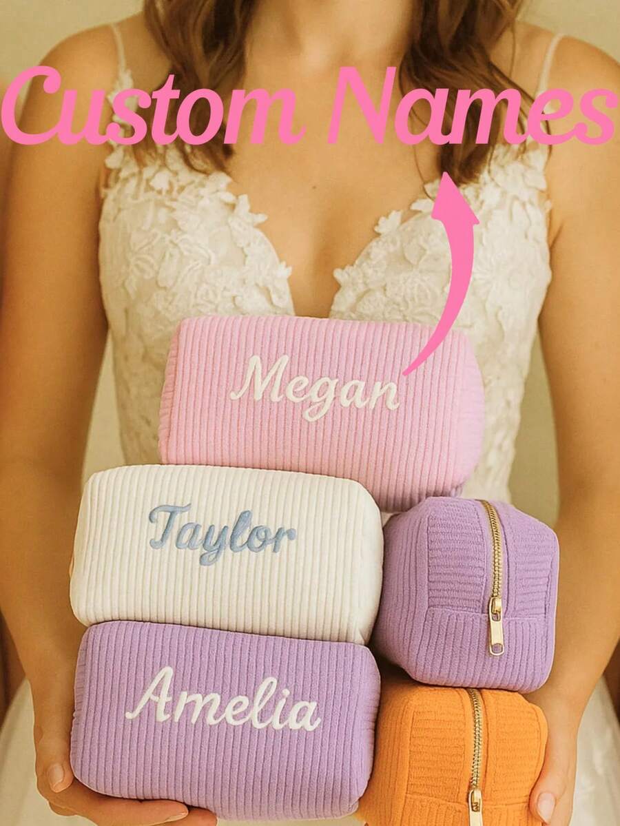 Personalized Embroidered Corduroy Toiletry Bag, Makeup Storage Pouch, Customized Name Storage Bag, Unique Gift For Girls, Bridesmaids, Baby Baptism, Birthday, Holiday - Multicolor - View 1