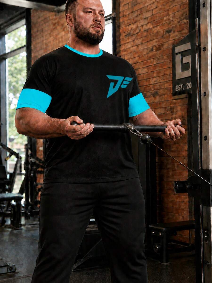 Plus Size Men's Sports Short Sleeve T-Shirt, Loose Fit Colorblock Patchwork, Fashionable Gym Sweat-Wicking Breathable - Black - View 1