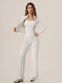 TimeOff Women's 3 Pieces Set Autumn/Winter Solid Color Small Stand Collar Zipper Jacket, Camisole Top, High Waist Wide Leg Pants - Apricot - View 9