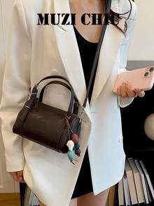 復古彩色石珠吊墜設計迷你拉鍊波士頓圓筒包 女款可調節手提斜跨小包 休閒約會出遊枕頭包 - 咖啡 - 查看 5