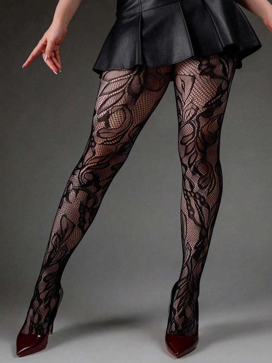 1 Pair Women's Sexy Elastic Tight Leggings, French Vintage Floral Jacquard Hollow Fishnet Tights, Spring/Summer Thin Dark Gothic Style Pantyhose, Slimming Leg-Flattering Leggings, Suitable For Halloween, Christmas, Holiday Travel, Vacation, Dating, Socializing, Fashionable Wear, Back To School Outfits - Black - View 1