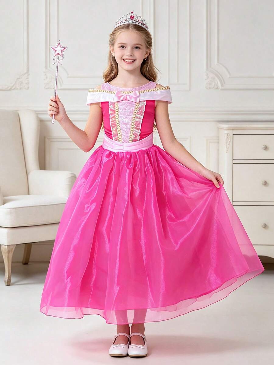 Young Girl Colorblock Pleated Cute Dress, Suitable For Party And Banquet - Hot Pink - View 1