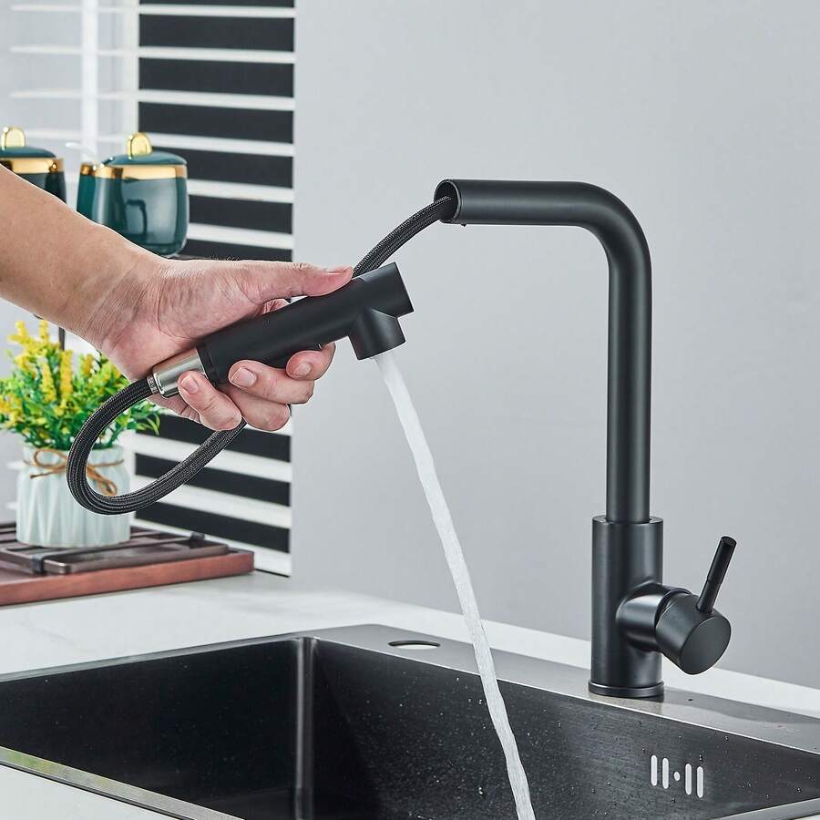 Matte Black Kitchen Mixer Taps Pull Out Spray Head Single Lever Mono Sink Faucet - Black - View 1