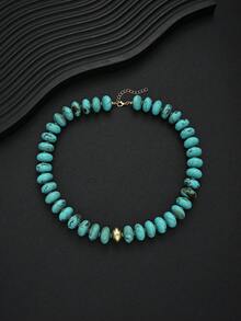 1pc Vintage Elegant Bohemian Style Women's Oval Turquoise Acrylic Beaded Necklace, Suitable For Daily Wear And Vacation, Perfect Gift Choice - Turquoise - View 5
