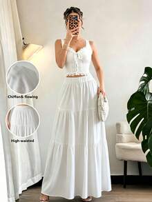 falda maxi tierada elegante de color sólido, cintura elástica, tejido ligero para uso casual mujer - Blanco - Ver 2