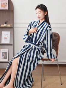 Women's Autumn/Winter Long Bathrobe: Retro Striped Tie Design, Thick Flannel Fabric, Highly Absorbent, Soft And Comfortable, Suitable For Home And Bathroom Wear, Machine Washable. - Multicolor - View 7