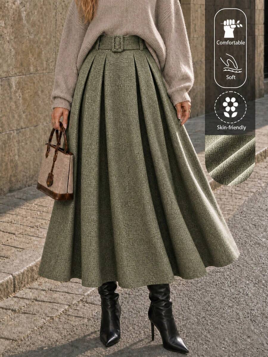 EARO Women's High Waist Slimming Gray Versatile Elegant Loose Daily Commute Casual Design Elastic Waist Adjustable Belt A-Line Skirt Spring - Green - View 1