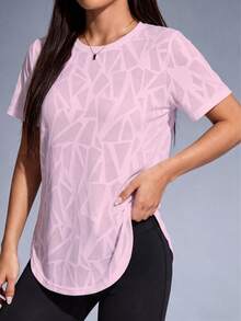 1 buah Kaos Olahraga Desain Patchwork Jala, Potongan Longgar, Kain Nyaman, Desain Patchwork Jala di Bagian Belakang, Kain Jacquard Geometris, Cocok untuk Lari, Kebugaran, Yoga, Pilates dan Aktivitas Lainnya - Berwarna merah muda - View 2