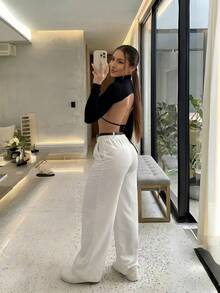 Women's White Polyester Straight Leg Cropped Pants, With Button And Pocket Details, Suitable For Fashionable Autumn Outfits - White - View 4
