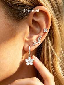 3 Pairs Gold Plated‑Tone White Enamel Flower Huggie Hoop, Snake & Four‑Petal Flower Stud Earring Set Dainty Zirconia Stackable Ear Jewelry For Women - 3Pairs/set - View 5
