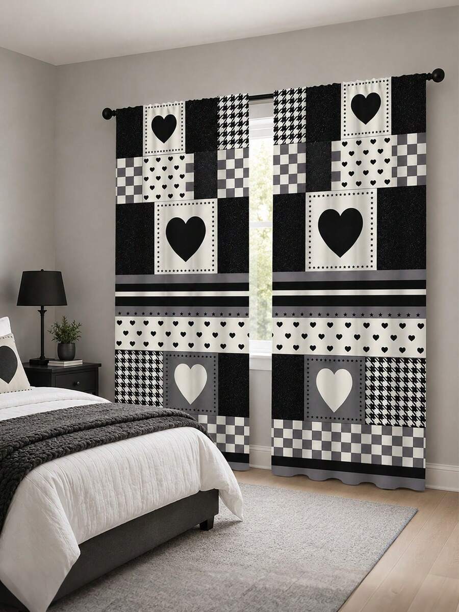2 Buah Tirai Motif Hati Patchwork, Kain Jendela Motif Geometris Kotak-kotak Hitam & Abu-abu, Tirai Semi-Blackout dengan Kantong Batang, Gaya Modern untuk Kamar Tidur, Ruang Tamu, Dekorasi Rumah