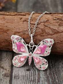 1pc Heavy-Duty Hollow Butterfly Pendant Necklace, Oil-Drip Inlaid Artificial Rhinestone Vintage Fashion Necklace - Pink - View 8