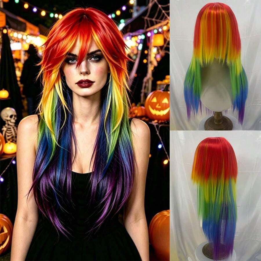 Vibrant 26 Inch Rainbow Color Long Straight Wig, Side Bangs Rainbow Hair Color, Anime Inspired Wig, Synthetic Fiber Wig, Adjustable Breathable Inner Cap, Easy To Style, Suitable For Cosplay, Party And Daily Wear, Perfect For Halloween Events - Multicolor - View 1