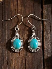1 Pasang Anting-Anting Paduan Logam Kecil Liontin Bulat Batu Turkuois Buatan Gaya Bohemian - Perak - View 6