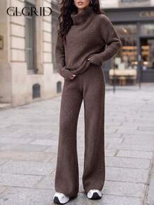 Autumn/Winter New Slouchy Maillard Style Stacked High Neck Knit Two Pieces Set Pants, Relaxed Slimming Convenient Matching Outfit Fall - Camel - View 9