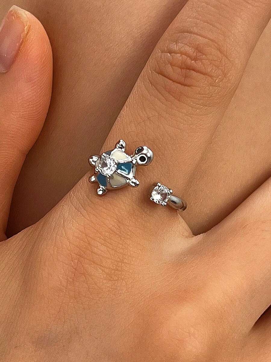 1件時尚奢華個性化海洋度假風貝殼海星海龜開口戒指套組,適合女性日常與度假穿著 - 銀色 - 查看 1