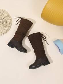 1 Pair Vintage Pleated Suede PU Lined Low Heel Mid-Calf Boots, Girls' Style, Fashionable And Versatile, Suitable For Autumn/Winter Wear - Brown - View 2