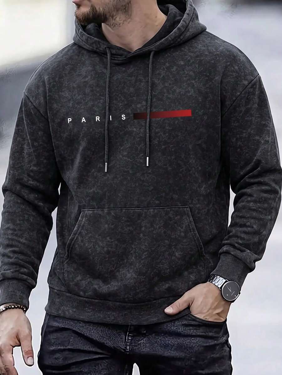 Men's Washed Distressed Hoodie Sweatshirt, Autumn/Winter, PARIS Letter Red Stripe Print, Loose Fit, Drawstring, Kangaroo Pocket, Pullover Top - Black - View 1