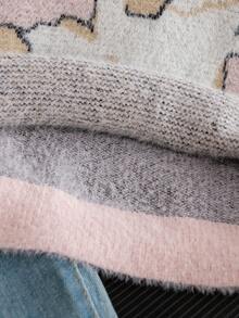 Girls' Sweet & Cute Round Neck Long Sleeve Sweater, Rabbit Jacquard Faux Mink Fur Pullover, Casual Versatile Knit Top For Daily Wear, School, Spring, Autumn, Winter - Pink - View 7