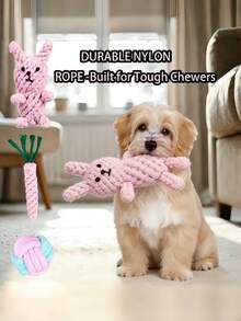 Pink Cotton Rope Dog Chew Toy Set, Durable Bite-Resistant Teething Toys, Interactive Knotted Rope Bone Rabbit Carrot Ball Toys, Suitable For Small And Medium Puppies Teeth Cleaning - Multicolor - View 8