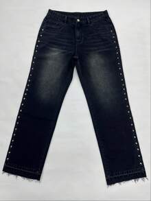 Y2K American Street Style Side Rivet Denim Jeans, Washed Distressed Frayed Hem Long Pants For Men - Black - View 5