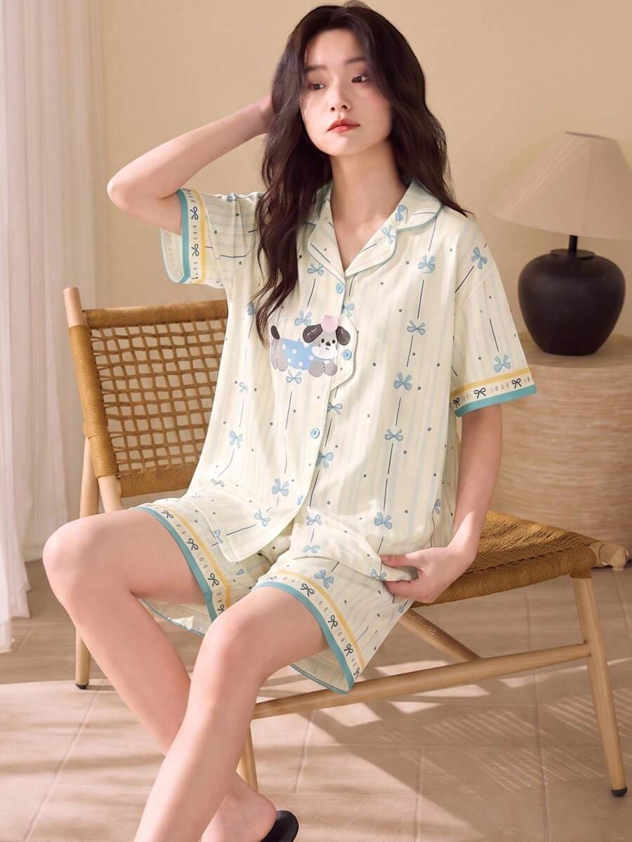 2pcs/Set Women's Summer New Cute Short Sleeve Shorts Pajamas Set, Loose Fit Skin-Friendly Breathable Home Wear, Cartoon Cute Sleepwear Set - Apricot - View 1