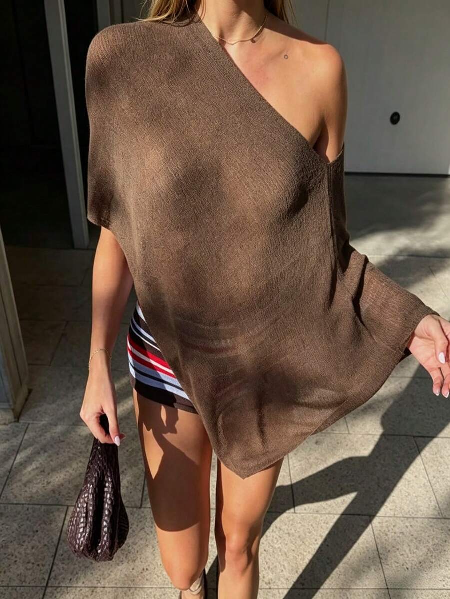 Women's Lightweight Crochet Short Cover Up Shawl, Fluffy Mesh Sleeve Cover-Up For Dress, Beach Vacation Cover-Up - Brown - View 1