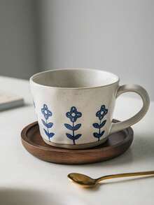 1pc Handmade Coarse Ceramic Coffee Cup Set, Ceramic Cup + Wooden Coaster, Suitable For Home, Office, Cafe Use, Great Gift Choice - Multicolor - View 3