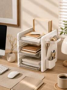 1 buah Organizer File Meja Multi-Layer, Rak Penyimpanan Dokumen Papan Berlubang yang Dapat Disesuaikan dengan Baki Tarik Transparan dan Tempat Pena Samping, Kotak Penyimpanan Alat Tulis, Buku, Perlengkapan Kantor, Cocok untuk Asrama Mahasiswa dan Kantor - MultiWarna - View 10
