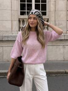 Vintage, Elegant And Minimalist White Crew Neck 3/4 Sleeve Mohair Sweater, Suitable For Autumn, Christmas And New Year Occasions - Pink - View 4