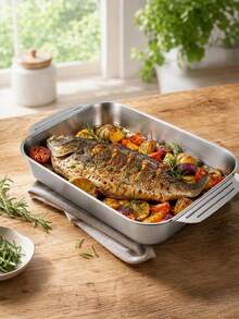 1pc Thickened Double Handle Stainless Steel Deep Baking Pan, Large Rectangular Hot Pot Serving Tray, Fruit Pizza Platter, Smooth And Easy To Clean, Suitable For Grilled Fish, Mixed Seafood, Shellfish, Hot Pot, Indoor BBQ, Party Banquet, Buffet, Home And Restaurant Use, Perfect For Food Preparation - Square Fish Roasting Pan - View 2