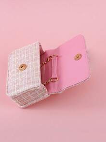 1pc Mini Kids Oversized Pearl Bow Decor Striped PU Material Flap Closure Fashion Beaded Handbag Metal Chain Shoulder Crossbody Bag Girls Portable Coin Snack Pouch Suitable For Daily And Holiday Use - Pink - View 4