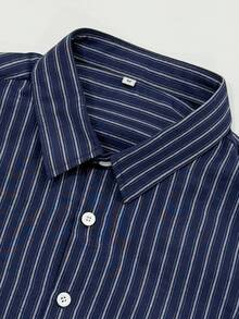 WAIT HIM Men's Casual Striped Long Sleeve Shirt, Polyester Blend - Navy Blue - View 6