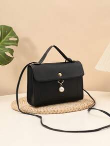 Solid Color Casual Pearl Pendant Small Square Handbag Crossbody Bag - Black - View 5