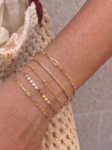 5pcs Minimalist Luxury Alloy Geometric Chain Layered Bracelets, Suitable For Women's Daily Commute, Dating, Vacation, Gift Wearing - Gold - View 2