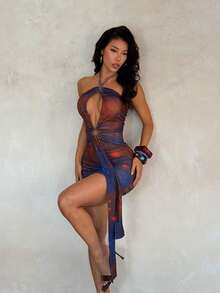 Summer Dress, Halter-Neck Front-Cutout Printed Full-Skirted Stretchy Sexy Dress, Suitable For Carnival, Date, Party, Event, Travel, Vacation, Beach - Brown - View 6