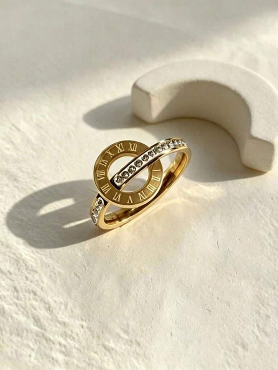 1 anillo de acero inoxidable con números romanos de moda - Amarillo Oro - Ver 1