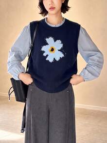 Women's Autumn/Winter Minimalist Casual Floral Pattern Knit Pullover Vest Top - Navy Blue - View 5