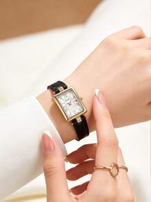 1pc Women's Jewelry Rectangular Retro Quartz Watch, Dark Green Textured Dial With Diamond Studded PU Strap, Light Luxury Commuter Women's Watch - Black - View 5