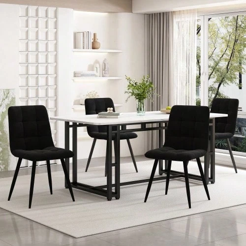 طاولة طعام سوداء 140x80 سم مع 4 كراسي، مجموعة طاولة طعام مطبخ حديثة، كراسي طعام من المخمل الأسود، طاولة بأرجل حديدية سوداء - الأسود - مشاهدة 1