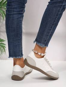 Sepatu Sneakers Kasual Low Top Bordir Pita Manis Dua Warna Retro untuk Sehari-hari - Putih - View 6